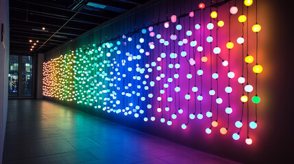 Fototapeta premium Strings of multicolored bulbs blink and twinkle, creating a cheerful, playful atmosphere