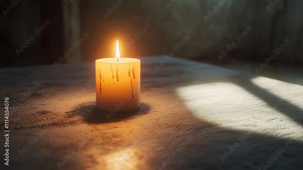 Poster a candle with a flickering flame casting soft shadows on a table.