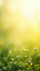 Obraz premium Fresh green grass with morning dew and glowing sunlight on a vibrant yellow background, creating a bright and refreshing nature-inspired design