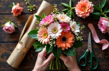 artistic arrangement of flowers, scissors, ribbons, and wrapping paper on the wooden tabletop