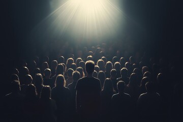 Obraz premium Man stands out in a crowd under a spotlight, symbolizing success and hope, inspiring with his uniqueness and leadership