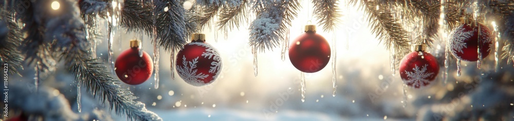 Poster a festive christmas background with red and white ornaments hanging from snow-covered pine branches,