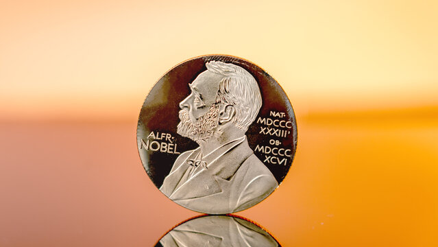 Moscow December 03 2024. Close-up of Alfred Nobel's engraving on coin. Nobel Peace Prize concept. Nobel Prize award.