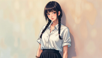 Fototapeta premium Anime Girl with Braided Hair in White Shirt - Stunning Digital Artwork