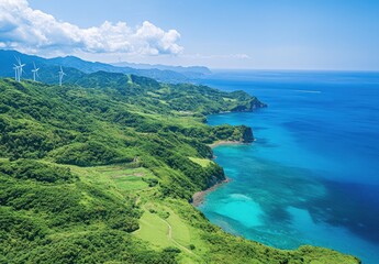 A panoramic view of the island's lush greenery, with wind turbines on its mountaintops overlooking the blue sea under clear skies