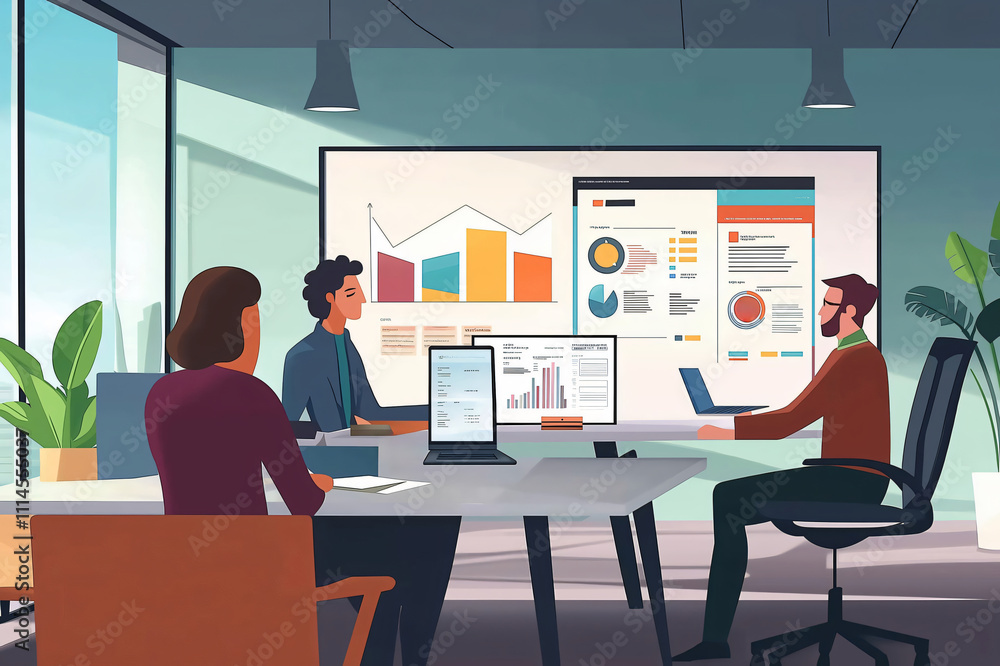 Poster team of business professionals is working together in a modern office, analyzing data displayed on c