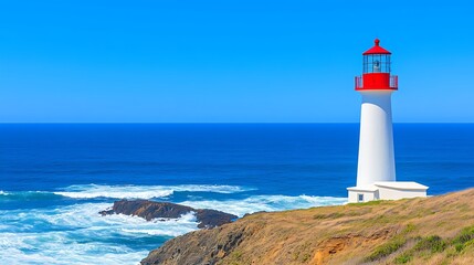 Coastal Lighthouse Stands Tall Against Blue Ocean