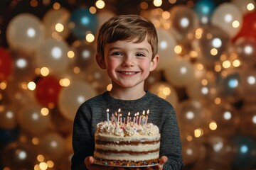 Naklejka premium Happy Boy Holding a Birthday Cake With Candles On Top, Photo, Colorful Balloons In The Back, Birthday Party Concept, Festive Background