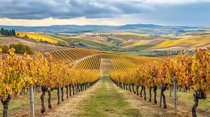 Obraz premium A beautiful vineyard in autumn, with grapevines turning golden and hills rolling in the background.