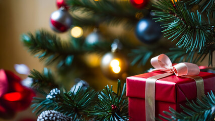 Red gift box on a christmas tree