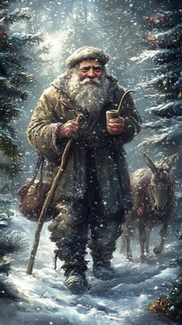'Olentzero' Traditional Christmas character from the Basque Country and Navarra walking through a snowy forest with a donkey and a pipe in hand