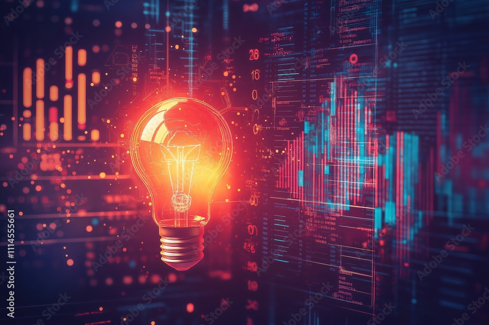 Poster glowing light bulb is superimposed over a background of financial data, representing the connection 