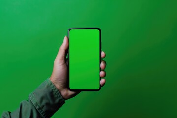 Smartphone Green Screen. Adult Man's Hand Showing Blank Mobile Phone Vertical Isolated on Green Background