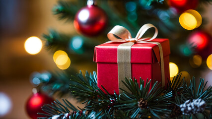 Red gift box on a christmas tree