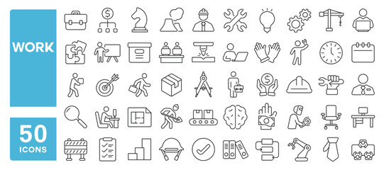 Set of 50 line icons related to work, business, finance, office, production, workplace, task, desk, salary, company, Editable stroke. Vector illustration