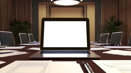 Fototapeta premium A empty laptop screen on a conference room table during a meeting, surrounded by papers, pens, and a projector displaying a presentation.