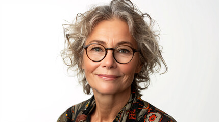 Obraz premium Retrato de mujer mayor sonriente con cabello canoso y gafas