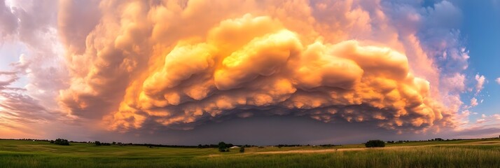 A dramatic sky filled with layers of soft pink and orange clouds during a sunset