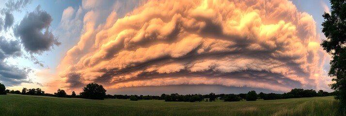 A dramatic sky filled with layers of soft pink and orange clouds during a sunset