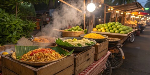 Obraz premium Colorful street food market showcasing various dishes and fresh produce in the evening