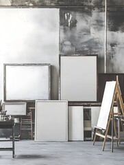 Fototapeta premium A creative artist’s loft with a collection of mismatched empty frames on an industrial concrete wall, surrounded by easels and paint supplies.