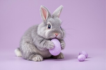 Fototapeta premium Cute Gray Bunny Holding a Purple Egg on a Soft Purple Background