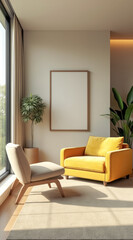 mustard yellow armchair a beige lounge chair sit a sunlit living room.