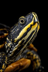 Obraz premium Close-up of a Colorful Yellow-Bellied Turtle Against a Black Background