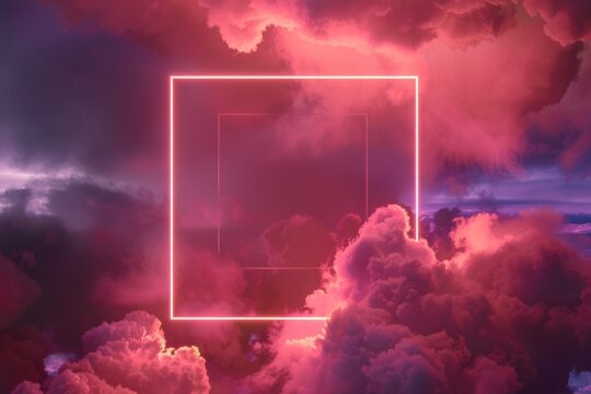 Surreal Sky. Red Neon Sky Aesthetic with Dreamy Clouds and Minimal White Frame