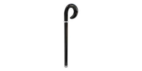 Black walking cane with curved handle isolated on transparent background