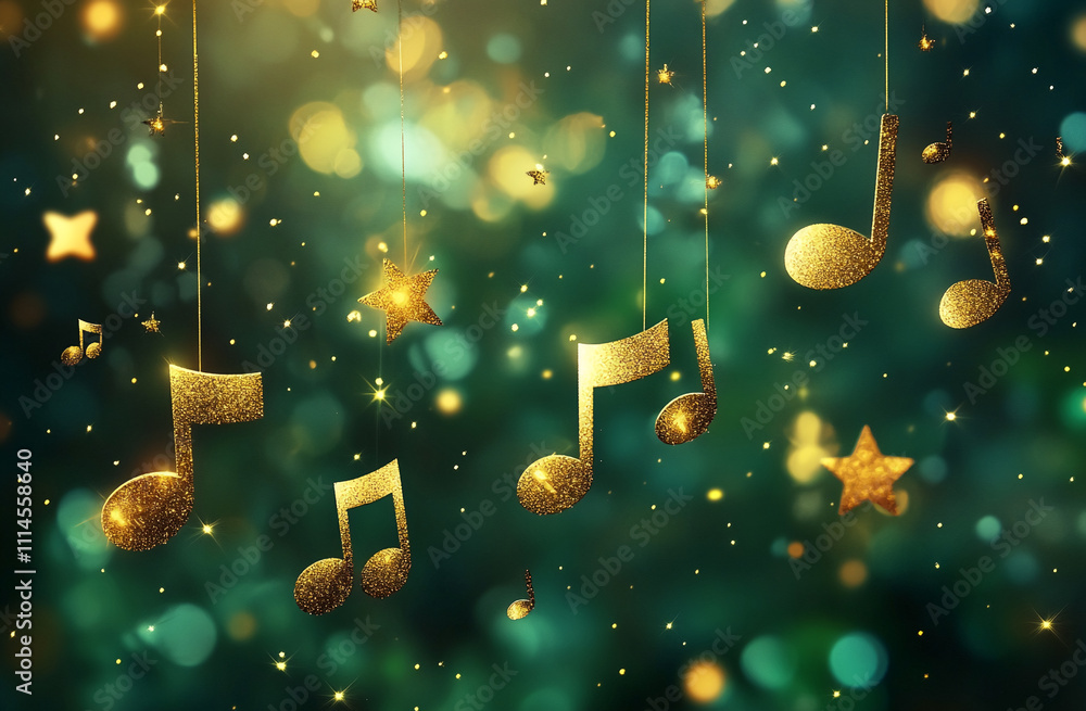Poster Golden musical notes and stars create a magical atmosphere in an enchanting setting