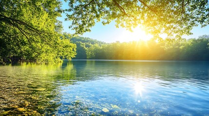 Obraz premium Serene Lakeside View With Bright Sunlight And Lush Green Foliage