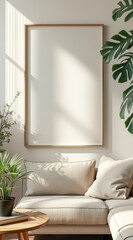 sunlit living room with beige couch blank frame