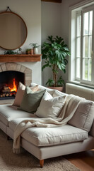 Fototapeta premium beige couch with throw pillows front a fireplace