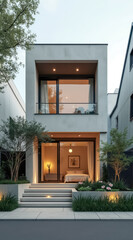 modern minimalist house with warmly lit bedroom