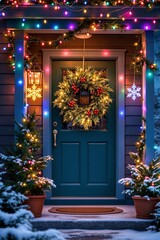 Festively Decorated Christmas Front Door with Colorful Lights and Wreath