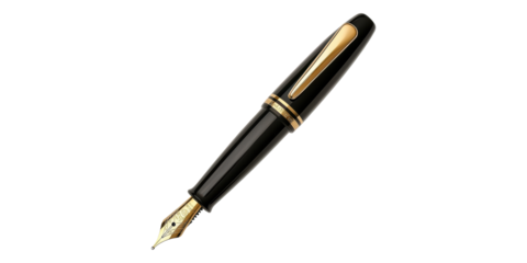 Elegant black fountain pen with gold trim isolated on transparent background