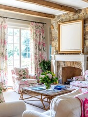 Fototapeta premium A cozy countryside living room with a whitewashed wooden frame above a stone fireplace, surrounded by floral curtains and soft armchairs. 
