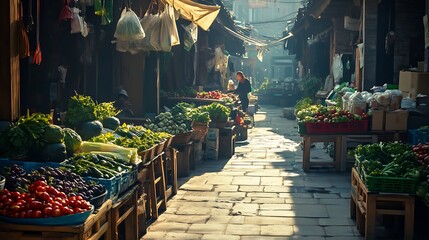 Sunlit Alleyway Market Displays Fresh Produce Abundantly