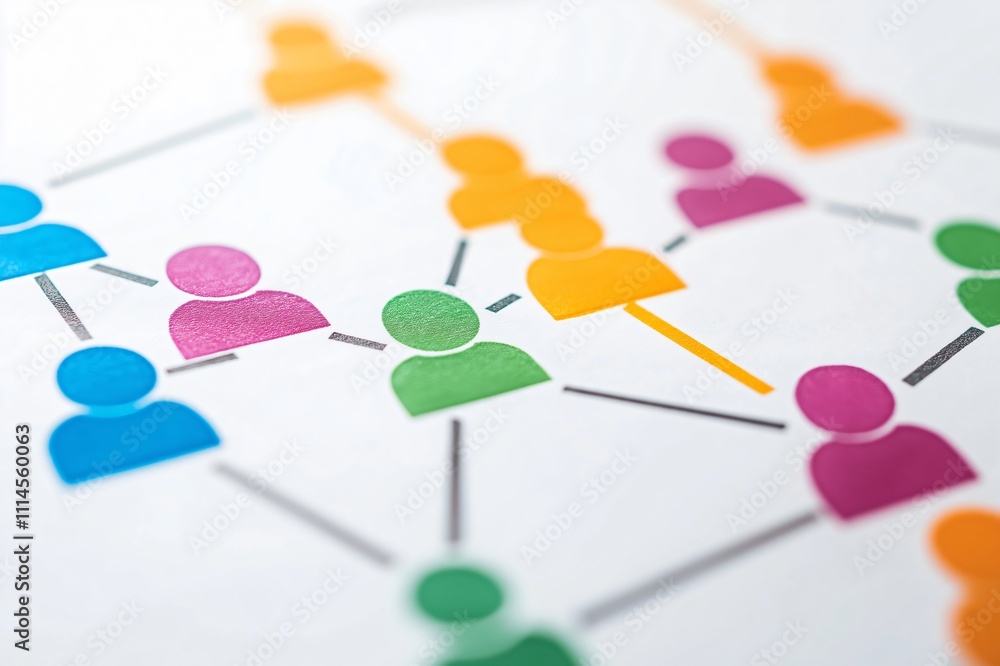 Poster colorful flowchart is showing referral program with connected people icons printed on paper