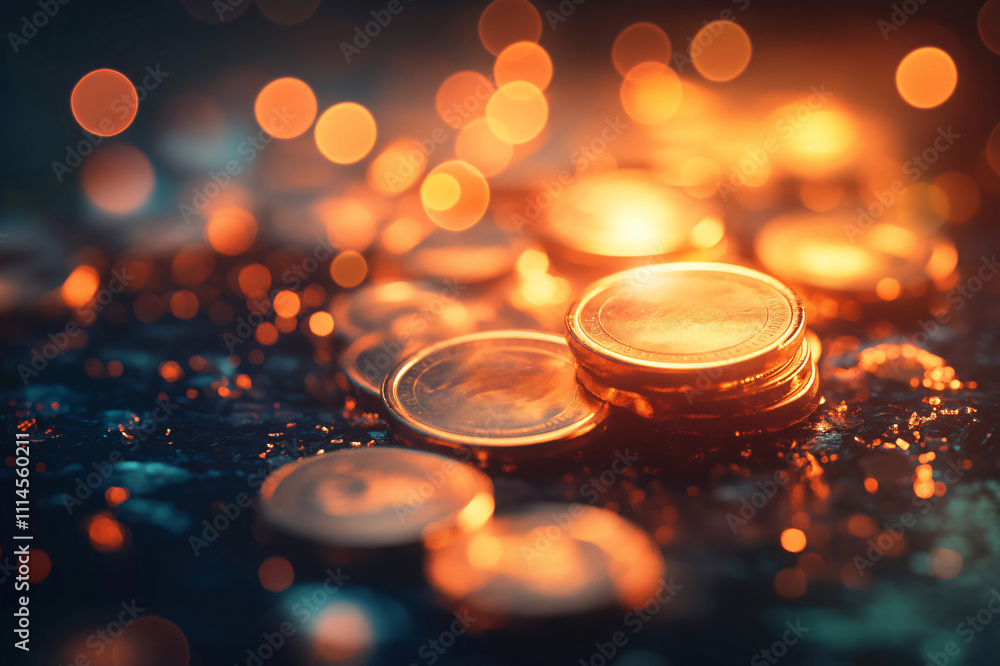 Poster stack of glowing cryptocurrency coins is shining on a dark background with bokeh
