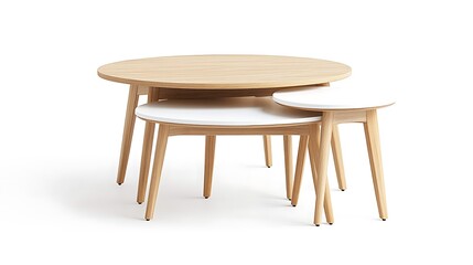 A wooden coffee table with three smaller tables underneath it