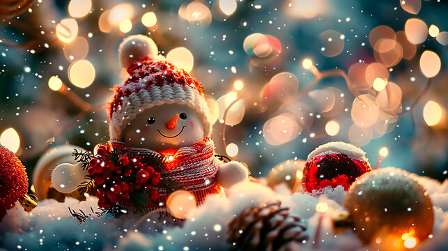 Mu&ntilde;eco de nieve de tela navide&ntilde;o con gorro rojo y bufanda, sosteniendo un regalo decorado con cinta, rodeado de luces c&aacute;lidas y copos de nieve