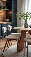 Obraz premium modern dining area with a round wooden table white chairs