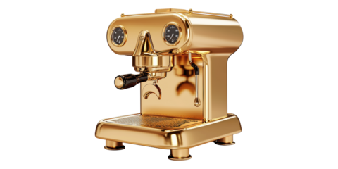 Gold espresso machine with gauges isolated on transparent background