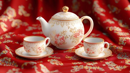 Fototapeta premium Elegant Tea Set Floral Teapot Cups Saucers Red Fabric