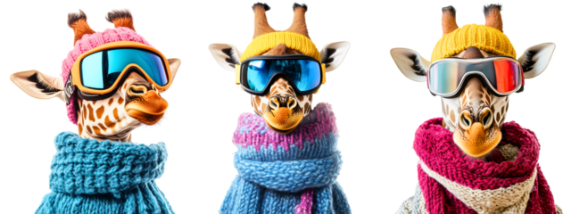 3 funny wild animals isolated on white (transparent) background: cutted giraffe head in warm scarf & hat & goggles as a snowboarder; perfect 4 children skiing schools or winter humorous advertising