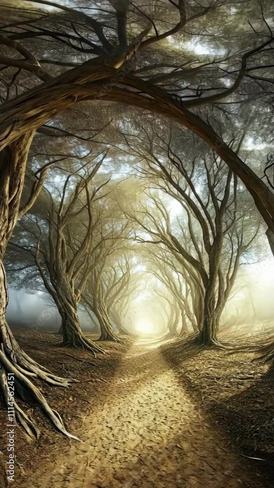 Aufkleber misty forest path lined with twisted trees illuminated by soft sunlight in early morning hours