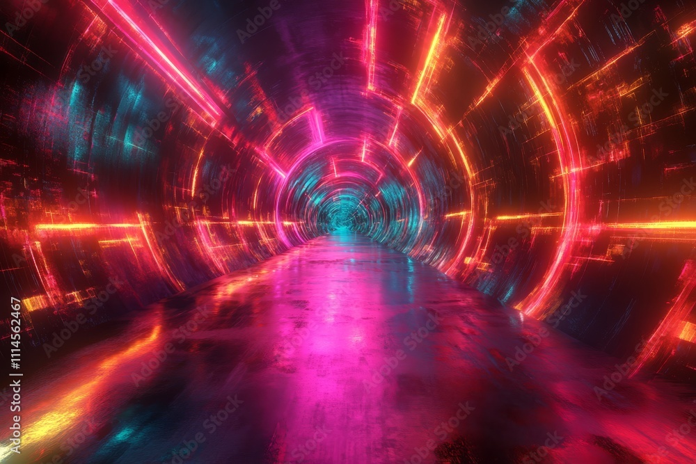 Poster experience a mesmerizing abstract tunnel glowing with vibrant neon lights, creating a stunning visua