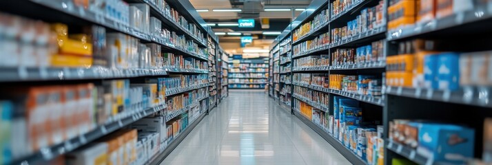 Fototapeta premium Grocery Store Aisle with Shelves Stocked with Various Products for Shopping and Retail Concepts